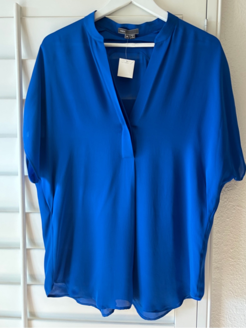 VINCE NEW Dolman Sleeve Split-Neck Blouse Top M Cobalt Blue 100% Silk